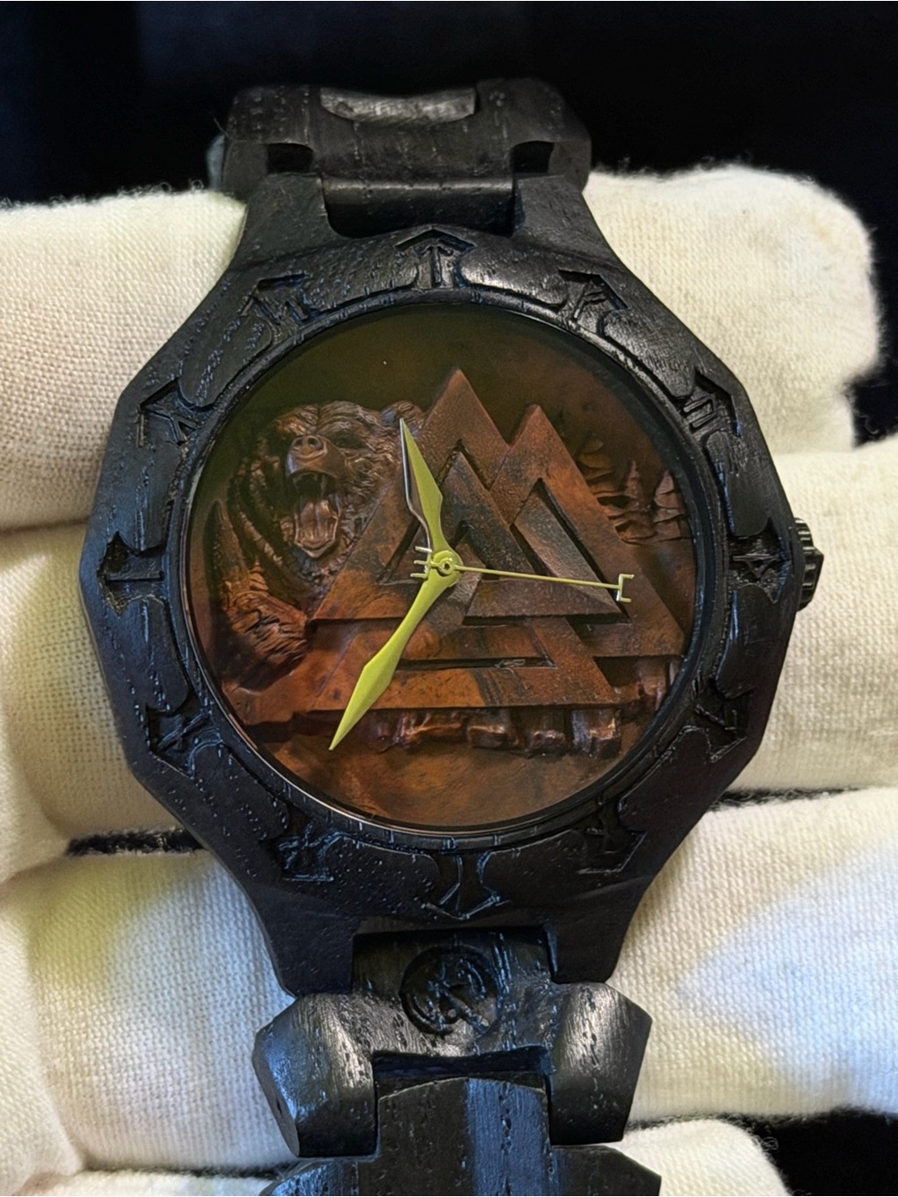 Viking Hand Carved Valknut and Bear Wooden Watch